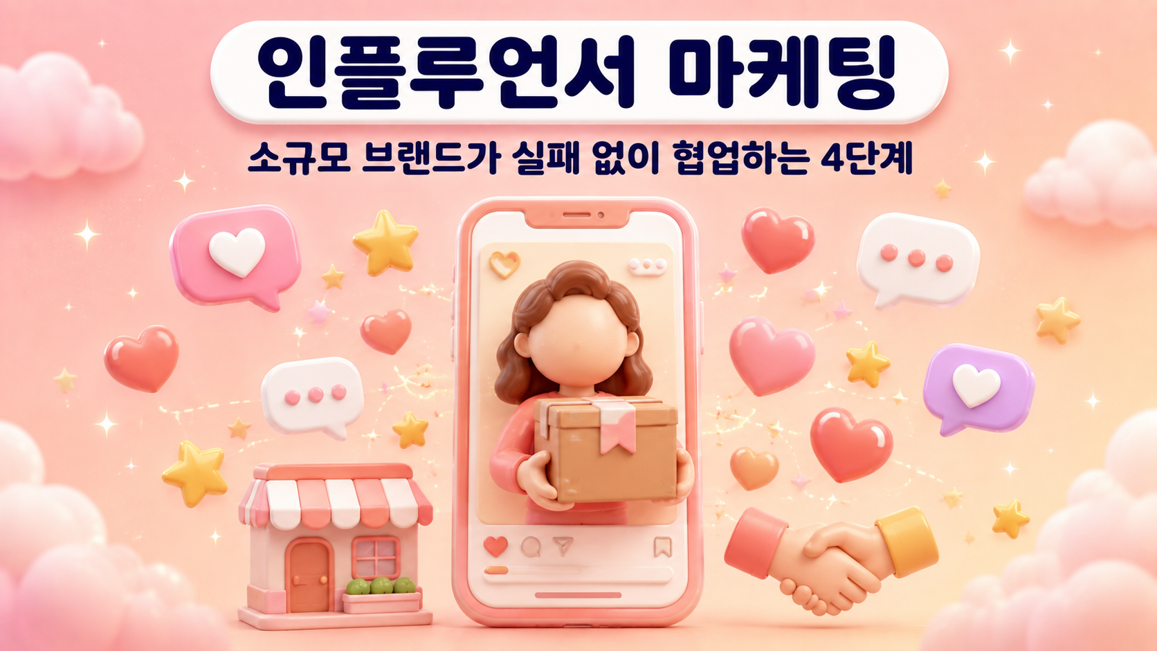 인플루언서 마케팅 썸네일 이미지로 스마트폰 화면 속 제품 상자를 든 아바타와 하트 별 말풍선 가게 악수 아이콘을 담은 파스텔 코랄 피치 3D 인포그래픽 대표 이미지 원플랜마케팅 제작