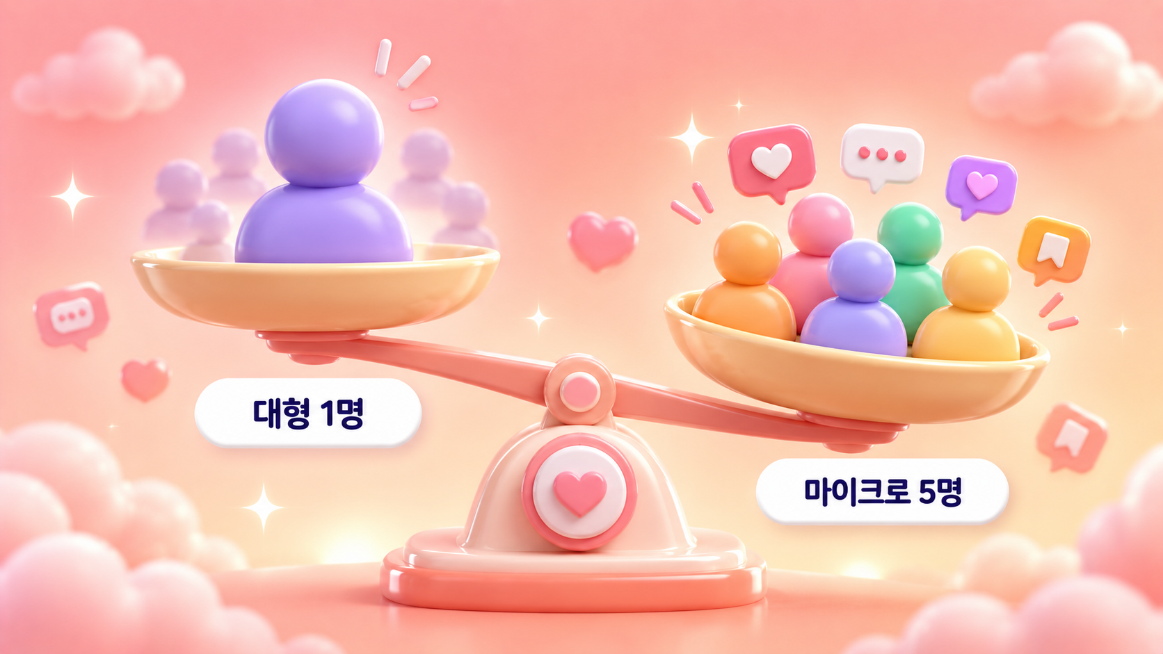 인플루언서 마케팅 마이크로 인플루언서 전략 대형 1명과 마이크로 5명의 도달 참여율 비용 신뢰 비교 저울 구조를 담은 파스텔 코랄 피치 배경의 3D 클레이모피즘 인포그래픽 원플랜마케팅 제작