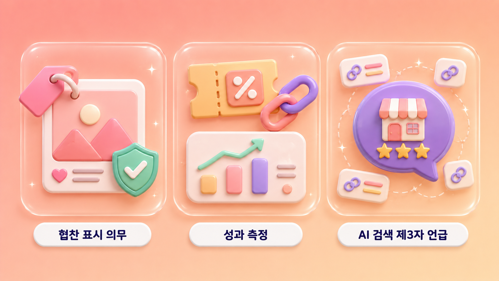 인플루언서 마케팅 협찬 표시 의무 전용 코드 추적 링크 성과 측정 대시보드 AI 검색 제3자 언급 가치를 담은 파스텔 코랄 피치 배경의 3D 클레이모피즘 인포그래픽 원플랜마케팅 제작