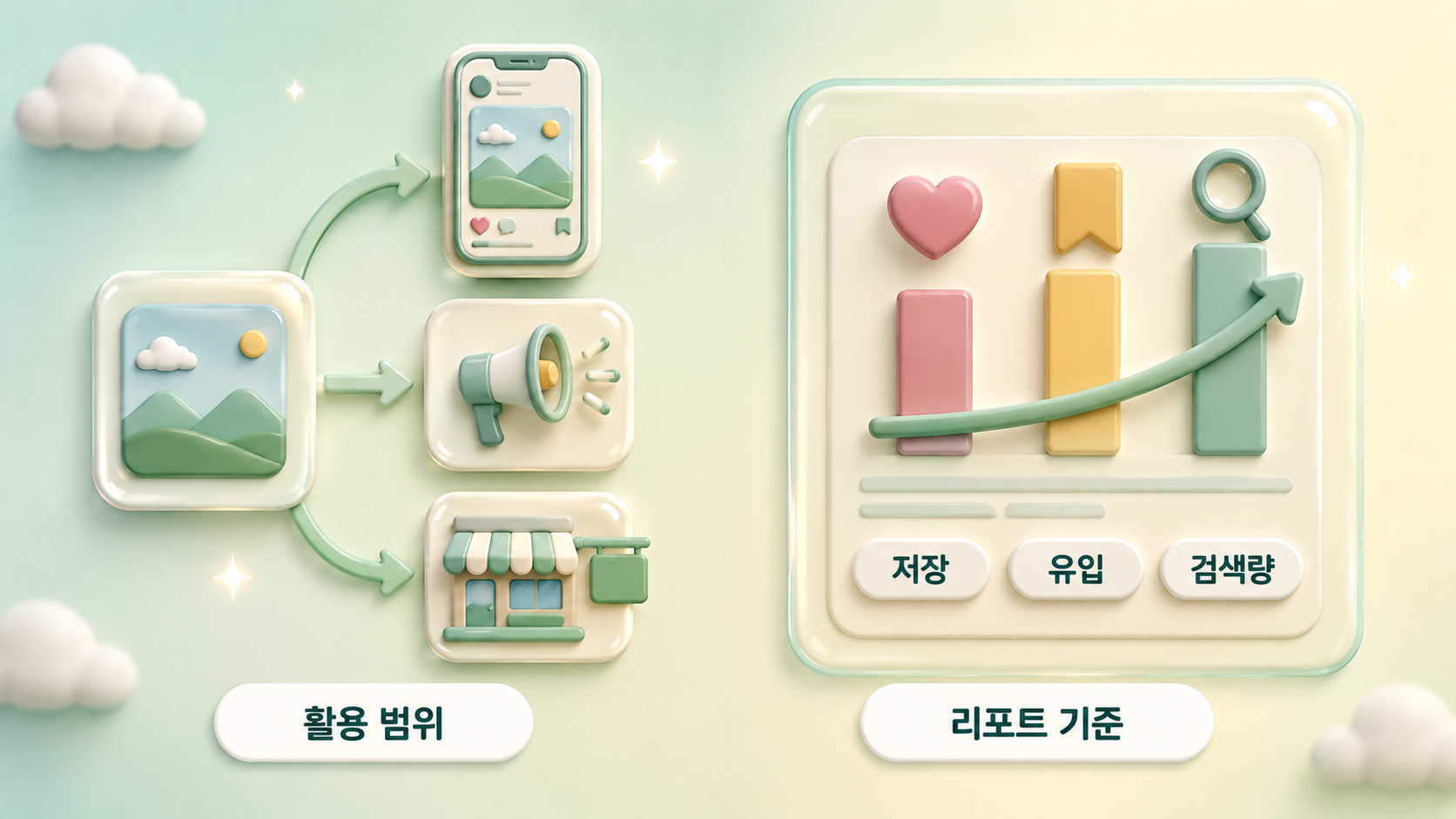 인플루언서 대행사 콘텐츠 활용 범위와 리포트 기준으로 자사 채널 광고 매장 확장 경로와 저장 유입 검색량 지표 패널을 좌우로 나눠 담은 파스텔 민트 크림 3D 인포그래픽 원플랜마케팅