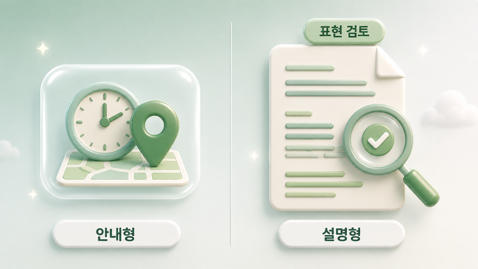 병원 대행사가 다루는 콘텐츠 형식의 차이인 안내형과 설명형을 시계 지도 카드와 표현 검토 돋보기가 놓인 긴 문서로 좌우 비교해 담은 파스텔 세이지 그린 3D 인포그래픽 원플랜마케팅