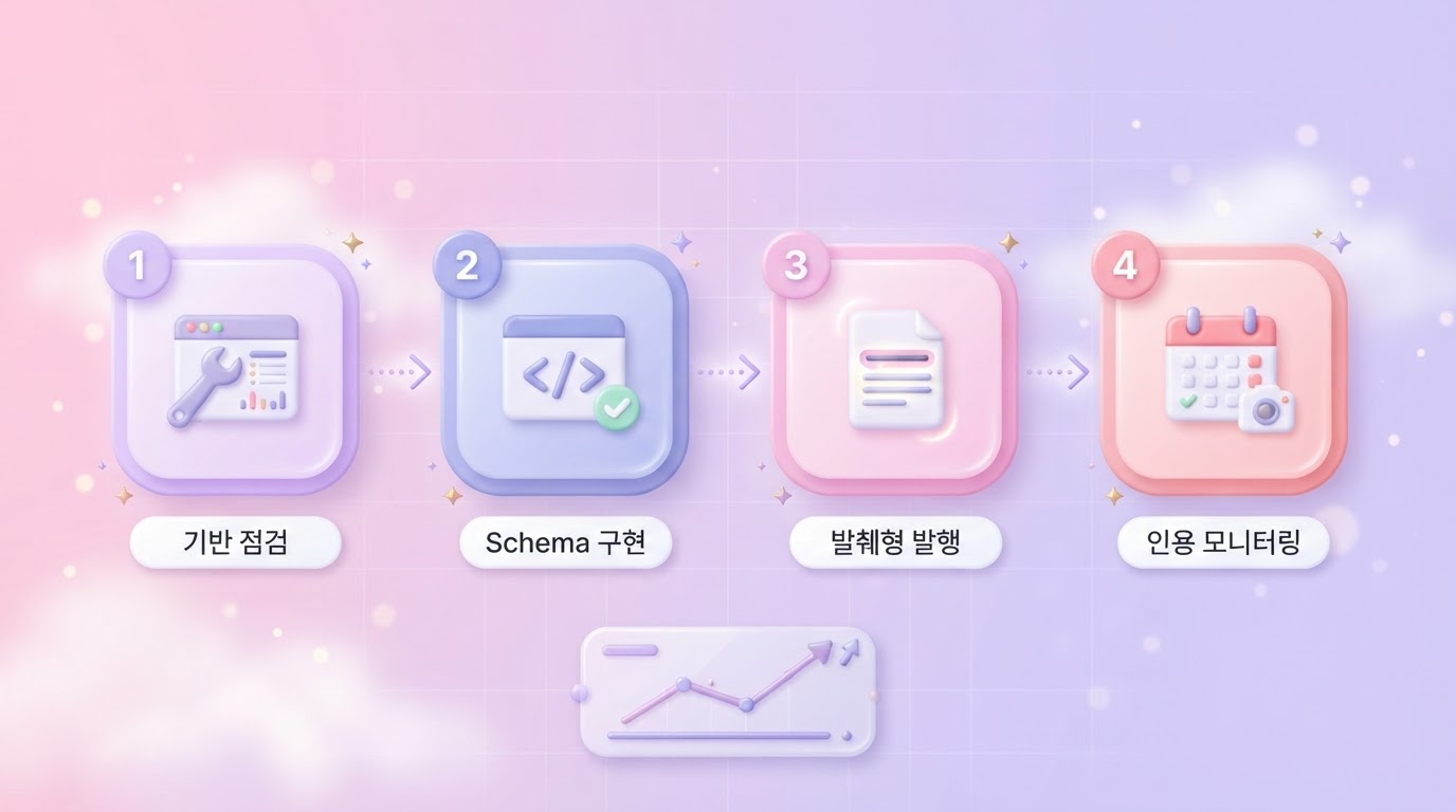 제미나이 실행 플랜과 모니터링 제미나이 실행 플랜 4단계 기반 점검 Schema 구현 발췌형 발행 인용 모니터링 스텝 카드와 상승 그래프 패널을 담은 파스텔 퍼플 핑크 배경의 3D 클레이모피즘 인포그래픽 원플랜마케팅 제작