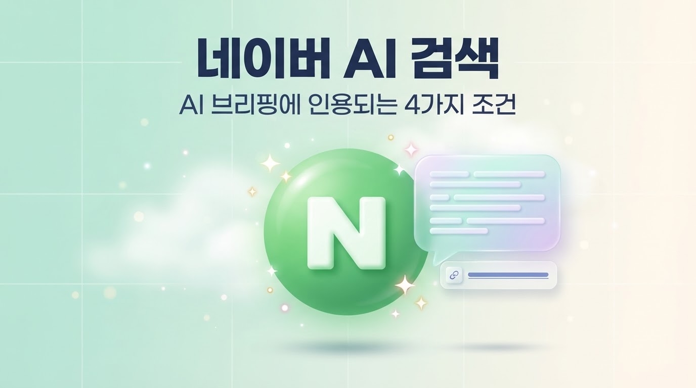 네이버 AI 검색 썸네일 이미지로 초록색 N 로고와 AI 브리핑 요약 말풍선 출처 링크 카드가 함께 배치된 파스텔 그린 민트 배경의 3D 클레이모피즘 인포그래픽 대표 이미지 원플랜마케팅 제작