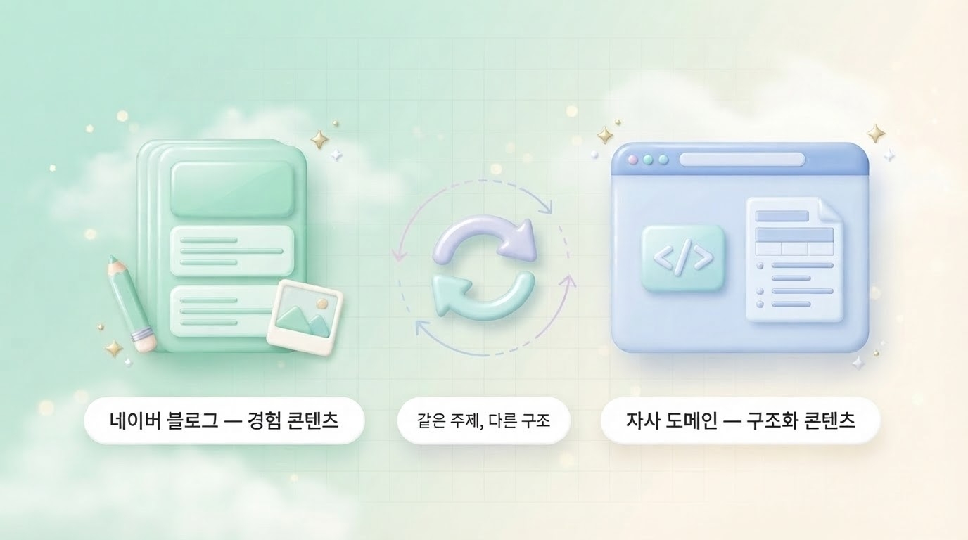 네이버 AI 검색 이원화 운영 전략으로 네이버 블로그 경험 콘텐츠와 자사 도메인 구조화 콘텐츠를 같은 주제 다른 구조 순환 화살표로 연결한 파스텔 그린 3D 인포그래픽 원플랜마케팅 제작