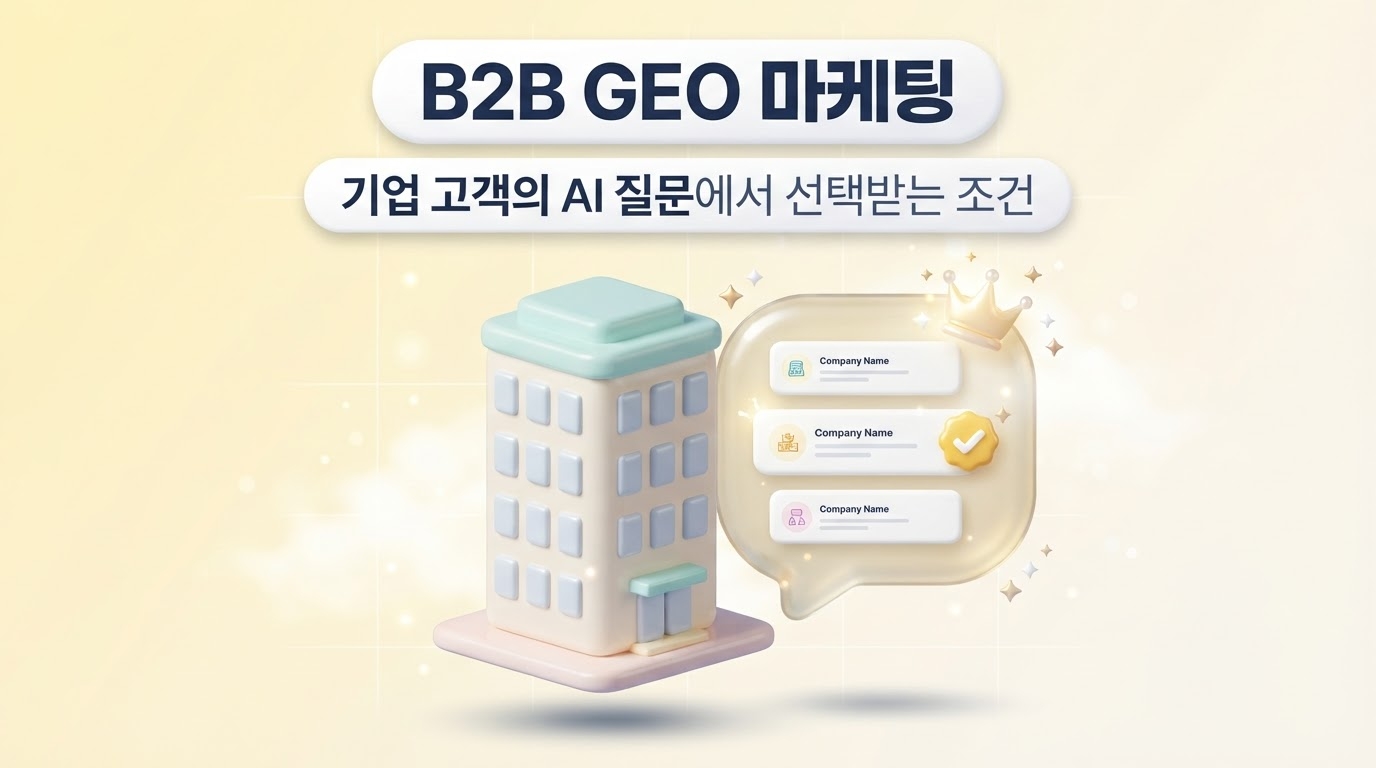 B2B 마케팅 GEO 썸네일 이미지로 기업 빌딩과 AI 쇼트리스트 말풍선 왕관 체크 카드가 배치된 파스텔 옐로우 버터 배경의 3D 클레이모피즘 인포그래픽 대표 이미지 원플랜마케팅 제작