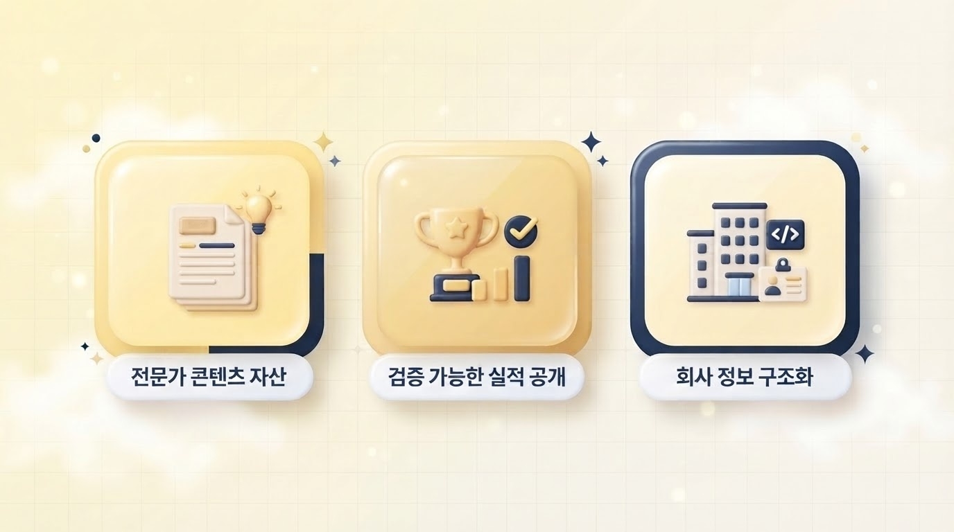 B2B 마케팅 AI 추천 조건 3가지 전문가 콘텐츠 자산 검증 가능한 실적 공개 회사 정보 구조화를 아이콘 카드 3장으로 정리한 파스텔 옐로우 배경의 3D 인포그래픽 원플랜마케팅 제작