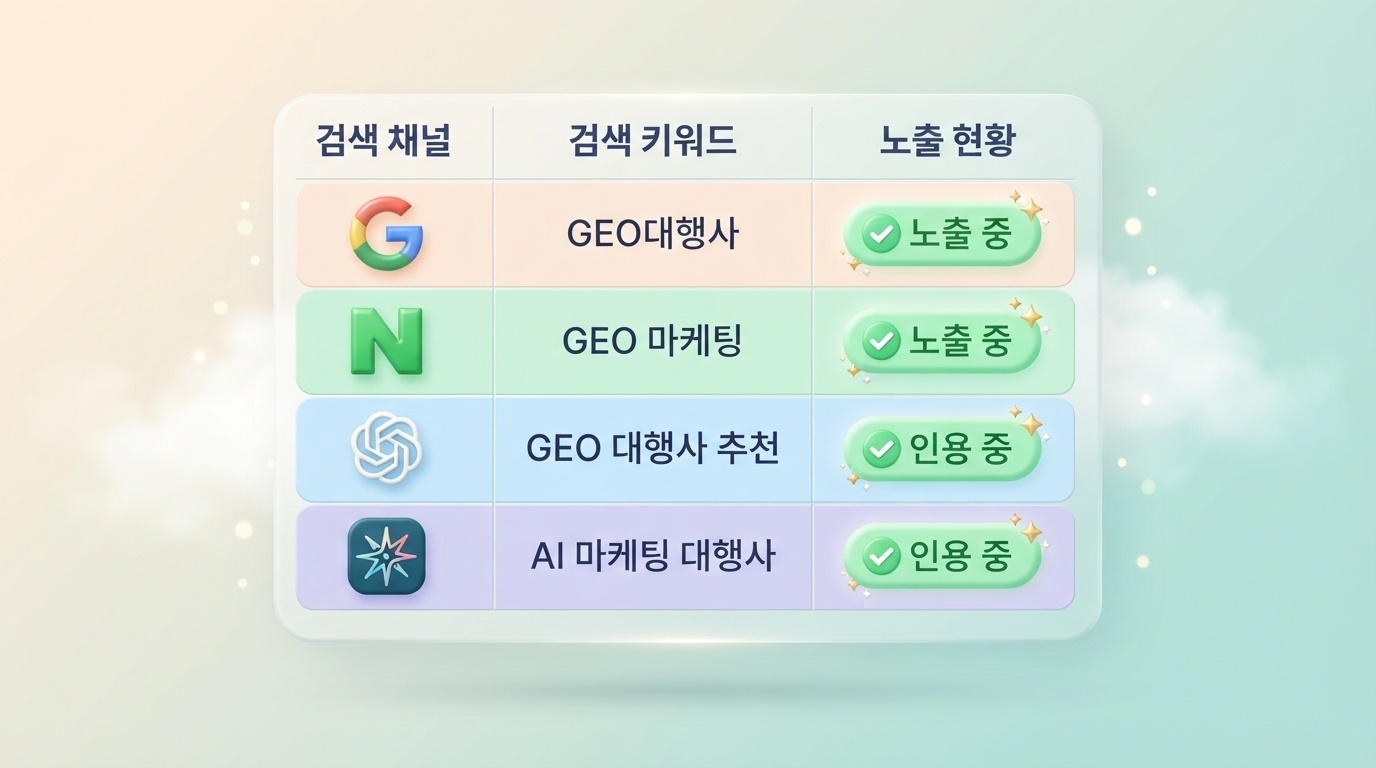 GEO대행사 노출 현황 확인 표 구글 네이버 ChatGPT Perplexity 채널별 GEO 마케팅 대행사 추천 키워드 노출 중 인용 중 초록 체크 배지 파스텔 테이블 인포그래픽 원플랜마케팅