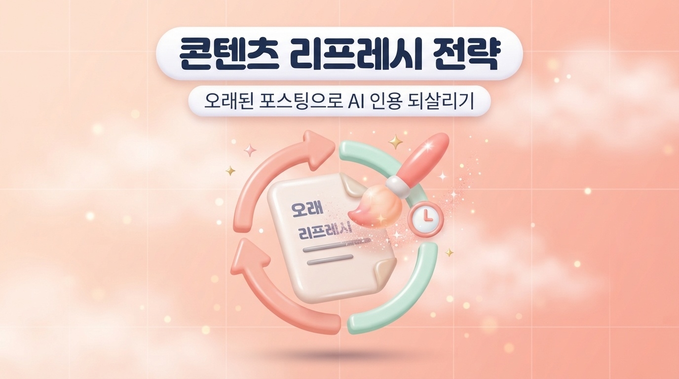 콘텐츠 리프레시 전략 썸네일 이미지로 오래된 문서를 브러시로 되살리는 순환 화살표와 시계 장면을 담은 파스텔 피치 코랄 배경의 3D 클레이모피즘 인포그래픽 대표 이미지 원플랜마케팅 제작