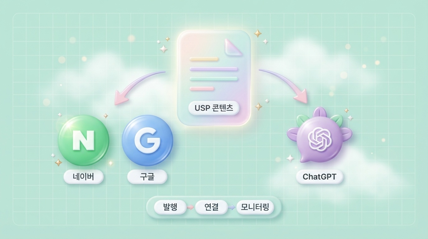 네이버 AI 검색 통합 전략으로 USP 콘텐츠가 네이버 구글 ChatGPT 세 채널 아이콘으로 확산되고 발행 연결 모니터링 단계를 담은 파스텔 그린 민트 3D 인포그래픽 원플랜마케팅 제작
