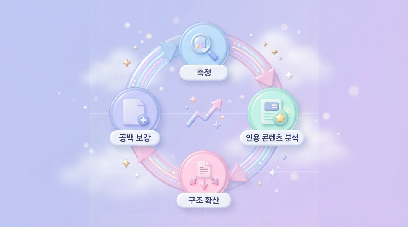 AI 유입 측정 데이터 기반 GEO 개선 사이클로 측정 인용 콘텐츠 분석 구조 확산 공백 보강 4단계 순환 고리 구조를 담은 파스텔 라벤더 배경의 3D 클레이모피즘 인포그래픽 원플랜마케팅 제작