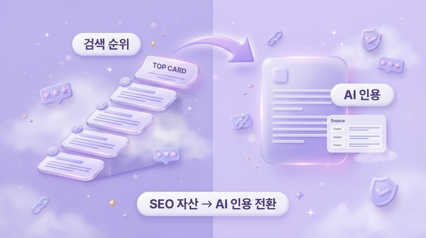 SEO 자산의 전환 — 검색 순위와 AI 인용의 관계 제미나이 SEO 자산 전환 개념도로 검색 순위 계단 카드가 AI 인용 출처 카드로 이어지는 전환 흐름과 화살표를 담은 파스텔 퍼플 배경의 3D 클레이모피즘 인포그래픽 원플랜마케팅 제작