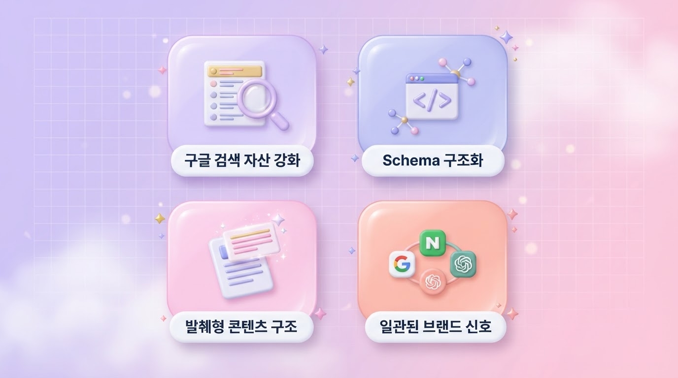 제미나이에 브랜드가 인용되는 4가지 방법 제미나이 인용 방법 4가지 구글 검색 자산 강화 Schema 구조화 발췌형 콘텐츠 구조 일관된 브랜드 신호를 2x2 아이콘 카드로 담은 파스텔 퍼플 핑크 3D 인포그래픽 원플랜마케팅 제작