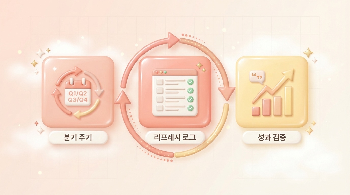 콘텐츠 리프레시 운영 시스템으로 분기 주기 캘린더 리프레시 로그 기록 시트 성과 검증 상승 차트 3개 패널을 순환 화살표로 연결한 파스텔 피치 코랄 배경의 3D 인포그래픽 원플랜마케팅 제작