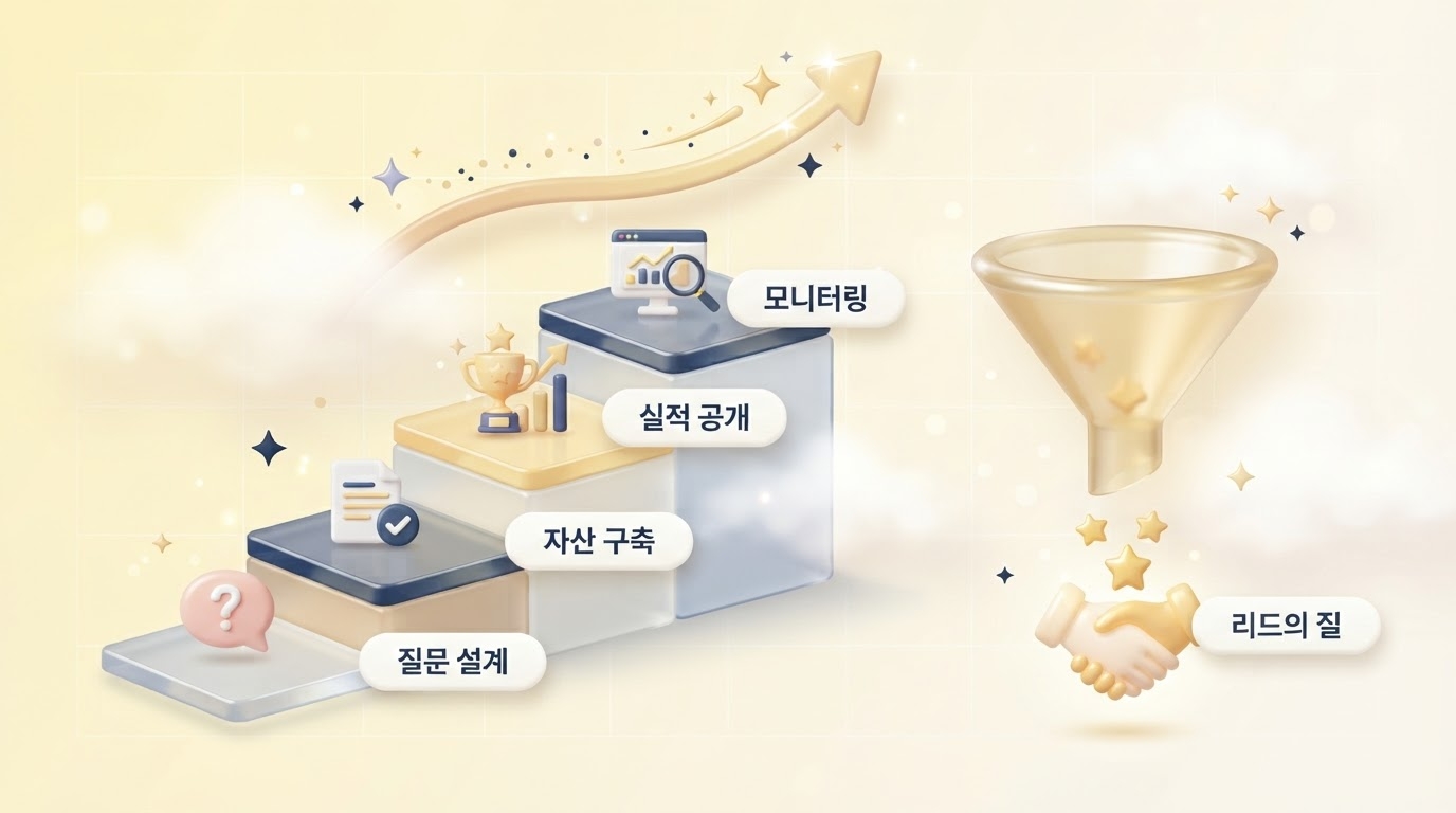 B2B 마케팅 GEO 실행 로드맵으로 질문 설계 자산 구축 실적 공개 모니터링 4단계 계단과 리드의 질 퍼널 악수 장면을 담은 파스텔 옐로우 배경의 3D 인포그래픽 원플랜마케팅 제작
