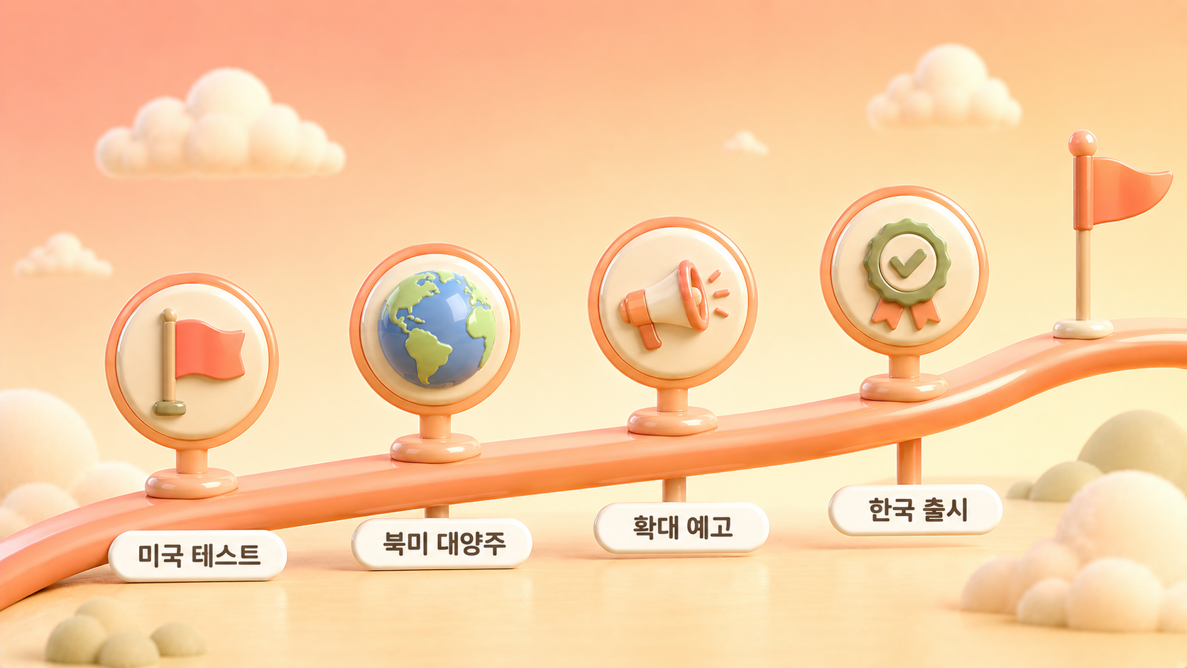 챗지피티 광고 출시 타임라인으로 미국 테스트 북미 대양주 확대 예고 한국 출시 네 구간을 상승하는 경로선 위 원형 마커로 배치한 파스텔 선라이즈 오렌지 3D 인포그래픽 원플랜마케팅