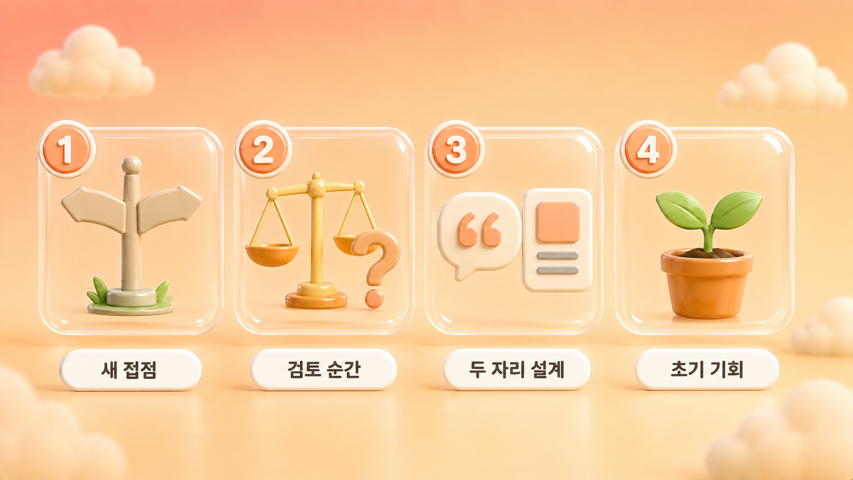 챗지피티 광고 출시로 마케터에게 달라지는 네 가지인 새 접점 검토 순간 두 자리 설계 초기 기회를 갈림길 저울 인용 부호 새싹 번호 카드로 정리한 파스텔 선라이즈 오렌지 3D 인포그래픽