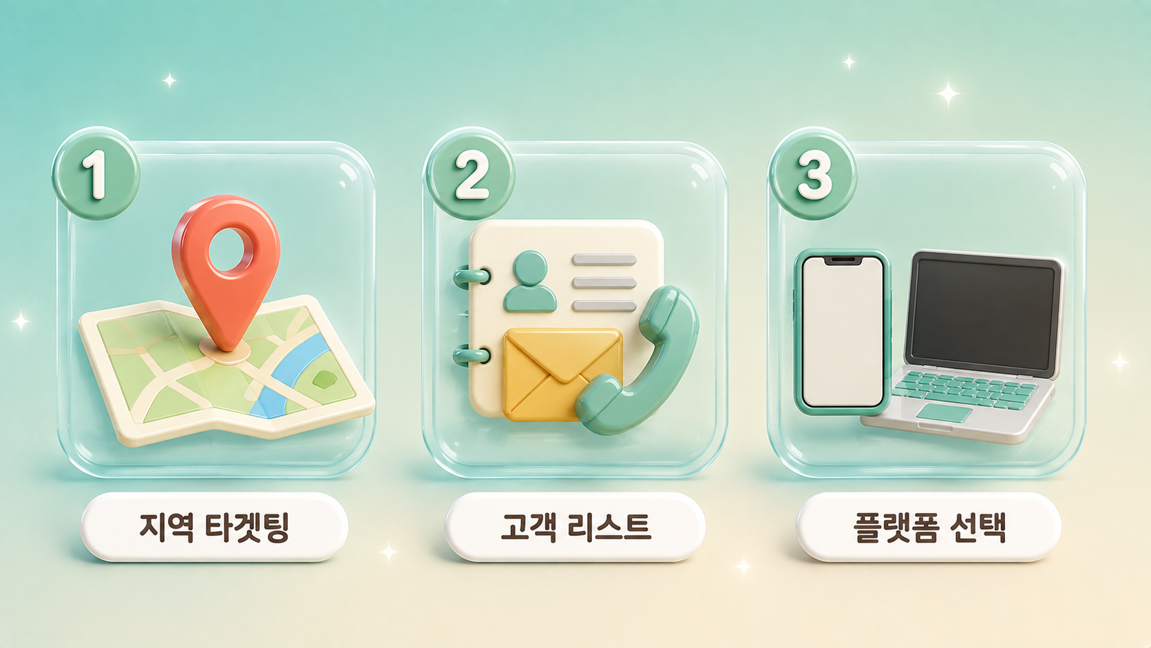 GPT광고에서 가능한 타겟팅 세 가지인 지역 타겟팅 고객 리스트 오디언스 플랫폼 선택을 지도 핀 명단 카드 기기 아이콘으로 정리한 파스텔 에메랄드 아이보리 3D 인포그래픽