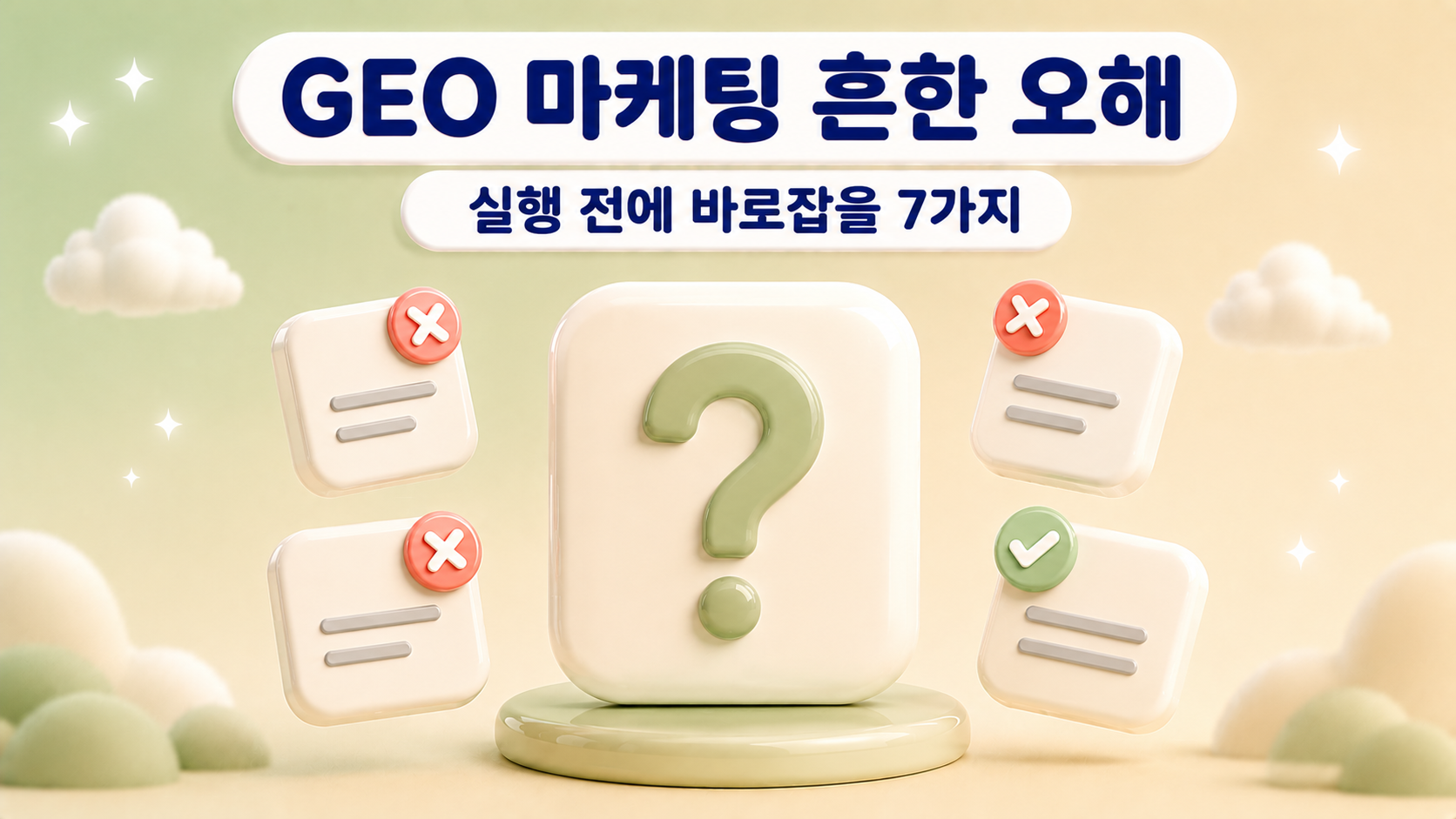 GEO 마케팅 흔한 오해 실행 전에 바로잡을 7가지를 큰 물음표 카드와 엑스 표시 체크 표시가 붙은 작은 카드 네 장으로 표현한 파스텔 올리브 샌드 3D 클레이 대표 이미지 원플랜마케팅