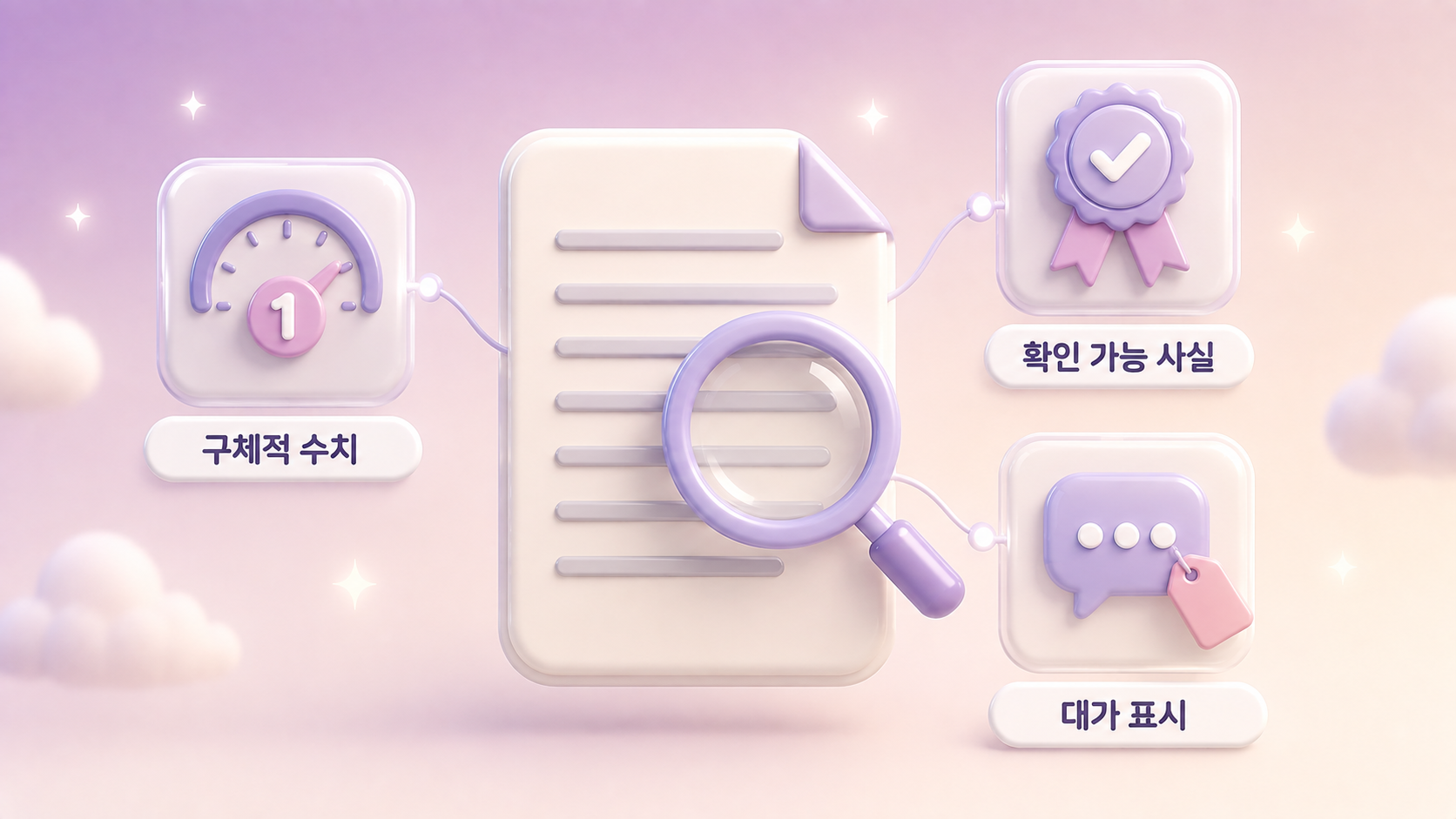 인플루언서 마케팅 콘텐츠의 검증 가능한 근거인 구체적 수치 확인 가능 사실 대가 표시를 문서와 돋보기 계기판 인증 배지 아이콘으로 배치한 파스텔 플럼 3D 인포그래픽 원플랜마케팅 제작