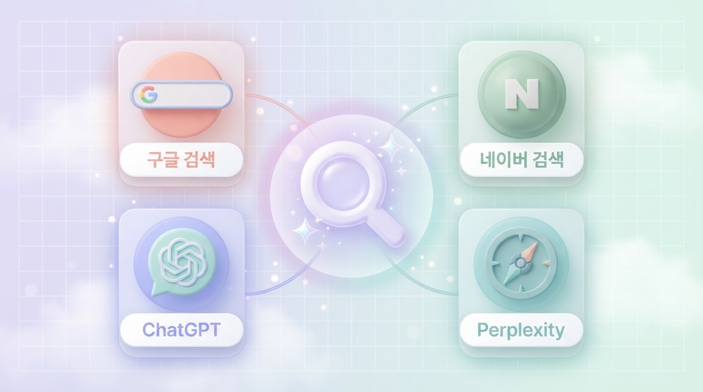 GEO대행사 선택 기준 직접 검색 검증 원칙 구글 네이버 ChatGPT Perplexity 4개 검색 채널 중앙 돋보기 연결 구조 파스텔 3D 글래스 카드 그리드 인포그래픽 원플랜마케팅