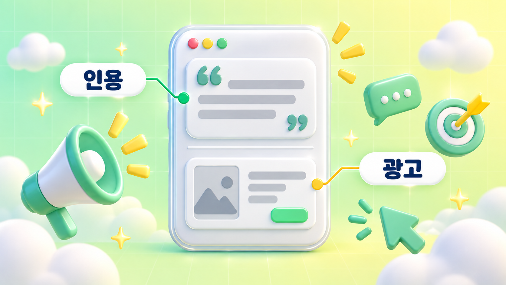 AI 검색 마케팅에서 브랜드가 등장할 두 자리인 답변 인용과 스폰서 광고가 한 화면에 함께 존재하는 구조를 담은 파스텔 스프링 그린 레몬 3D 인포그래픽 원플랜마케팅 제작