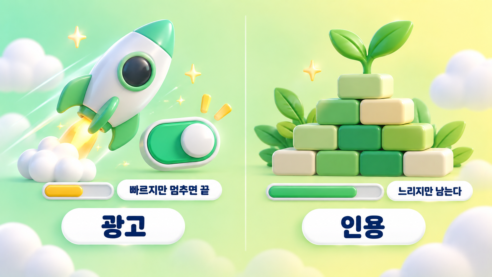 AI 검색 마케팅에서 광고와 인용이 서로 다른 강점을 가진 관계를 속도와 지속성 축으로 대비해 담은 파스텔 스프링 그린 레몬 3D 인포그래픽 원플랜마케팅 제작