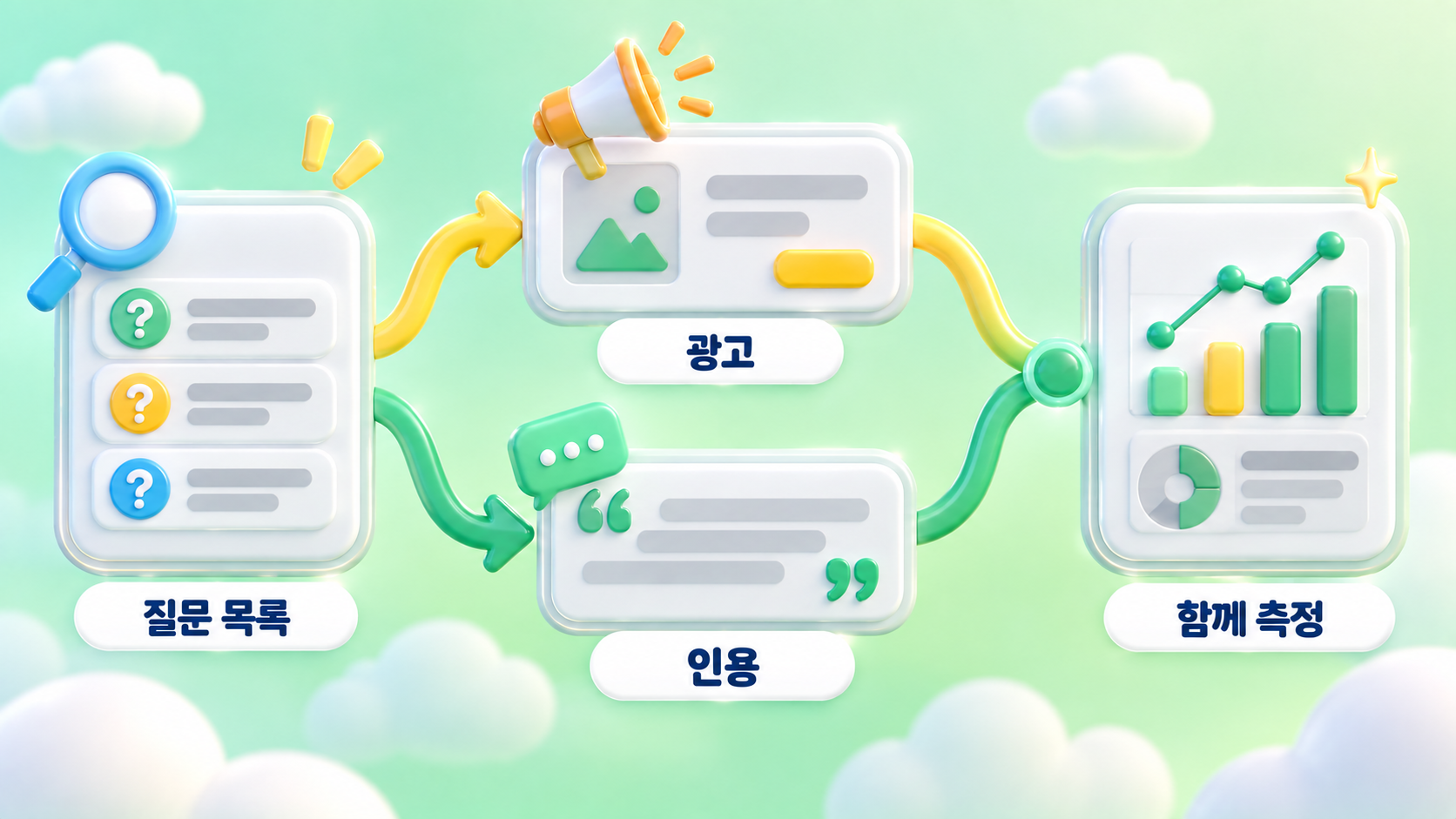 AI 검색 마케팅에서 광고와 인용을 함께 설계하는 4단계인 질문 목록 역할 나누기 도착 페이지 통합 함께 측정을 스텝 카드로 담은 파스텔 스프링 그린 3D 인포그래픽