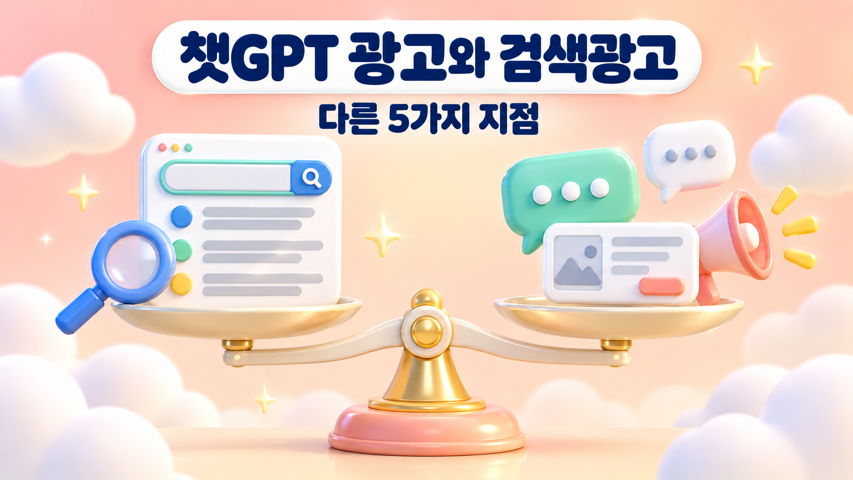 챗GPT 광고와 검색광고 다른 5가지 지점을 검색 목록 패널과 대화 말풍선 광고 카드가 양팔 저울에 균형을 이룬 모습으로 표현한 파스텔 피치 코랄 3D 대표 이미지 원플랜마케팅