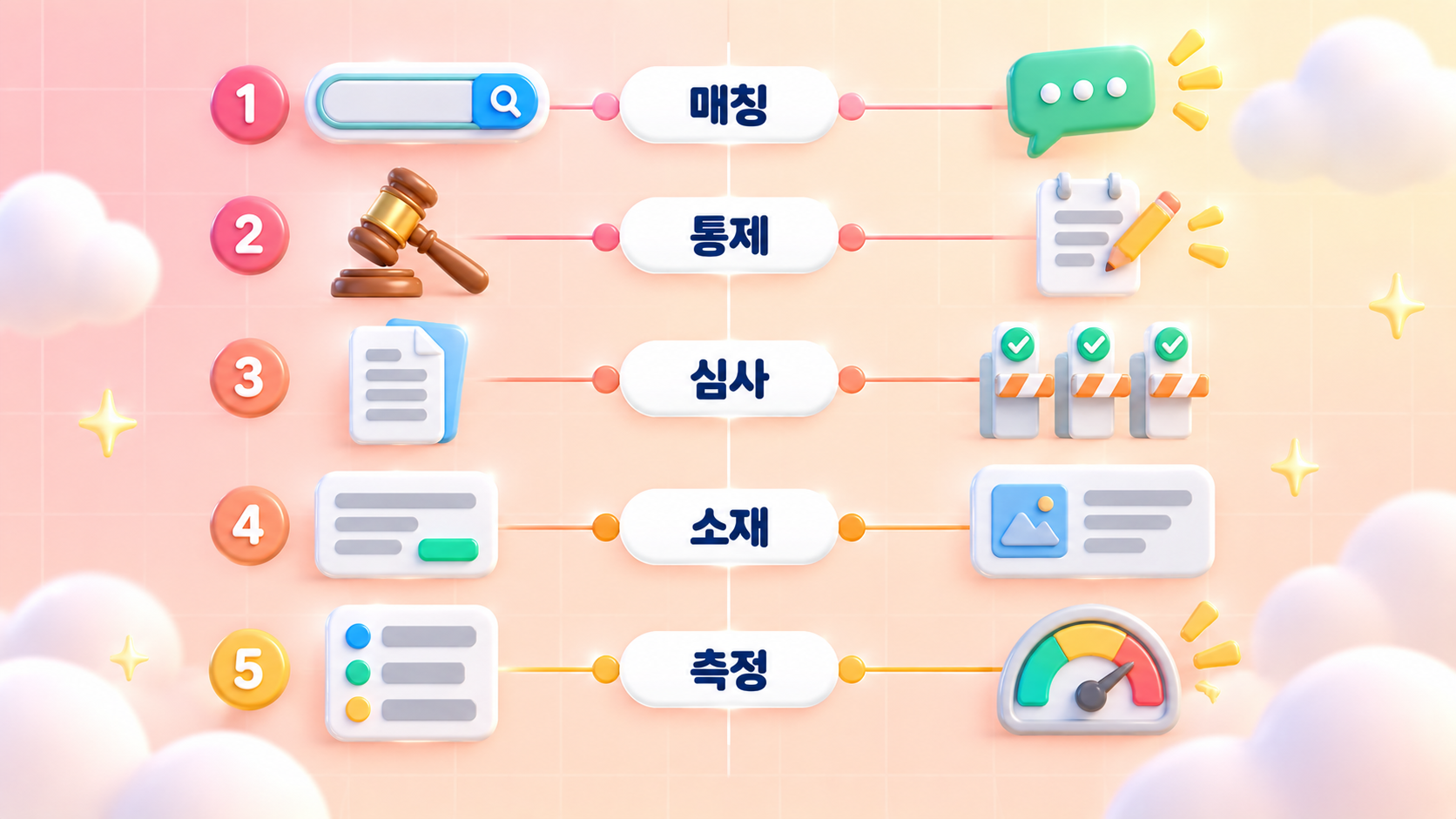 검색광고와 ChatGPT 광고가 다른 다섯 지점인 매칭 기준 통제 범위 심사 구조 소재 기준 측정 방식을 좌우 비교 카드로 정리한 파스텔 피치 코랄 3D 인포그래픽 원플랜마케팅
