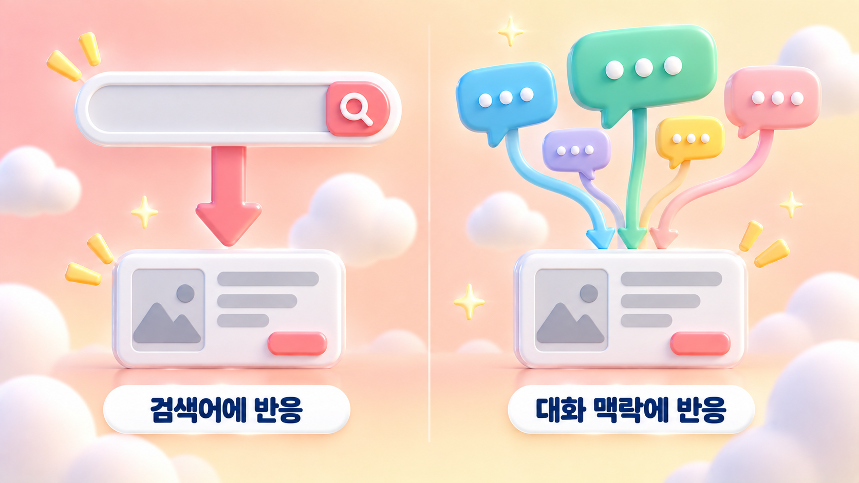 검색광고는 검색어에 반응하고 ChatGPT 광고는 대화 맥락에 반응하는 매칭 방식의 차이를 검색창과 대화창 대비로 담은 파스텔 피치 코랄 3D 인포그래픽 원플랜마케팅 제작