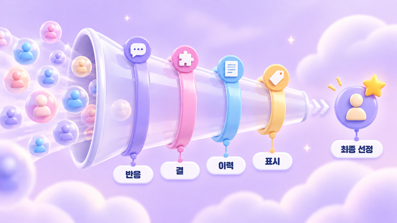 인플루언서 섭외 후보를 좁히는 순서로 넓은 후보군에서 반응 결 이력 표시 네 관문을 거쳐 최종 선정에 이르는 흐름을 담은 파스텔 라벤더 크림 3D 인포그래픽 원플랜마케팅
