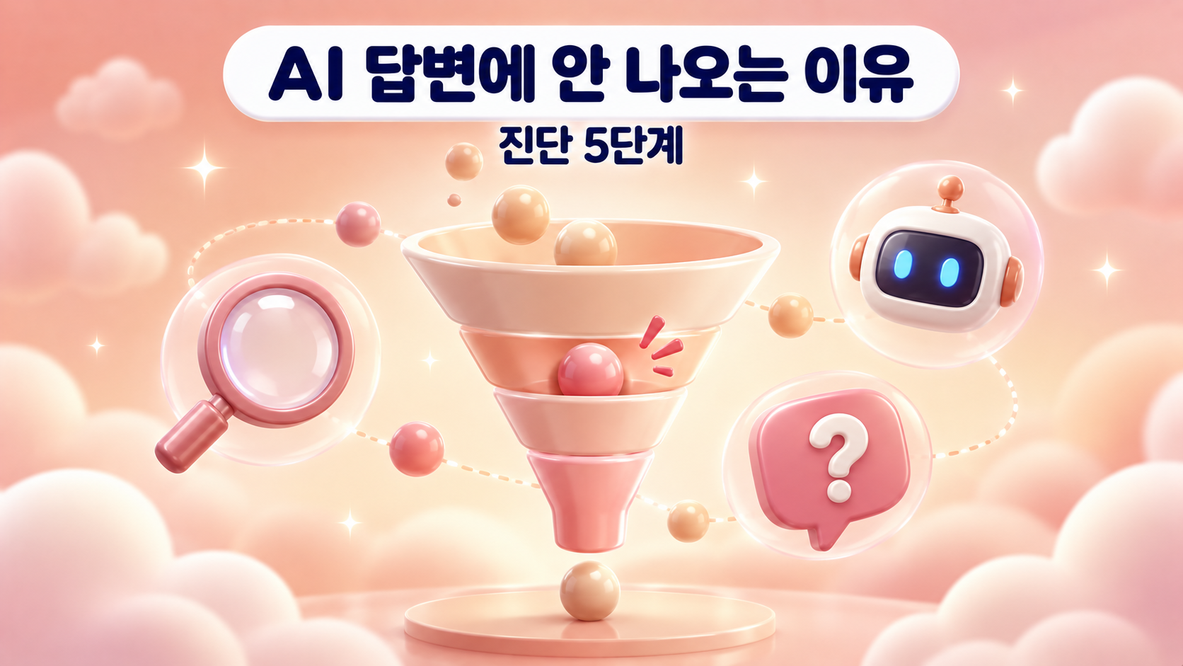 AI 답변에 안 나오는 이유 진단 5단계를 중간에서 막힌 깔때기와 돋보기 로봇 물음표 말풍선 아이콘으로 표현한 파스텔 테라코타 피치 3D 클레이 대표 이미지 원플랜마케팅에서 제작