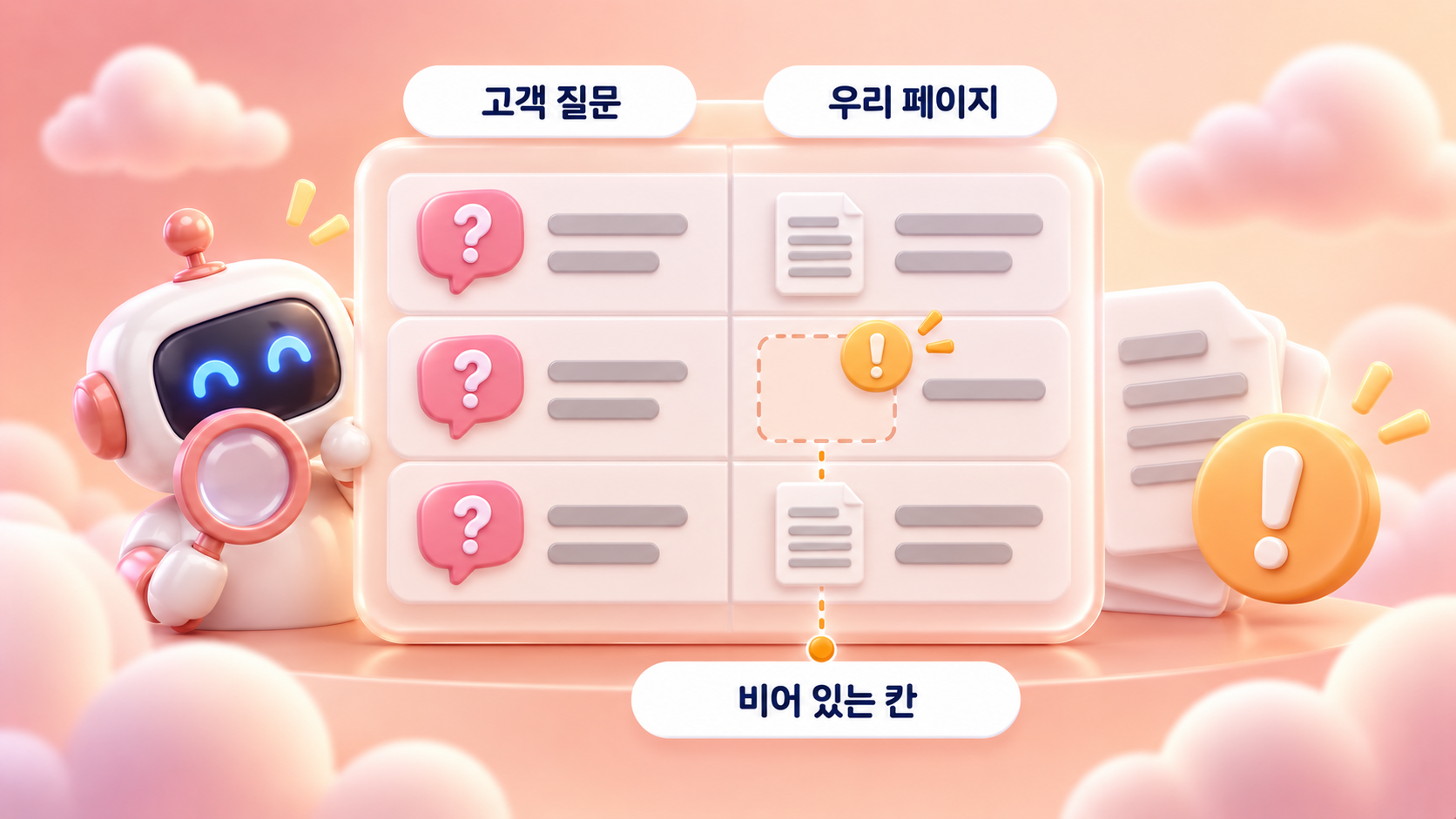 AI 검색 노출 진단 마지막 단계인 질문 설계 점검으로 고객 질문 목록과 보유 페이지를 대조해 비어 있는 칸을 찾는 구조를 담은 파스텔 테라코타 크림 3D 인포그래픽 원플랜마케팅