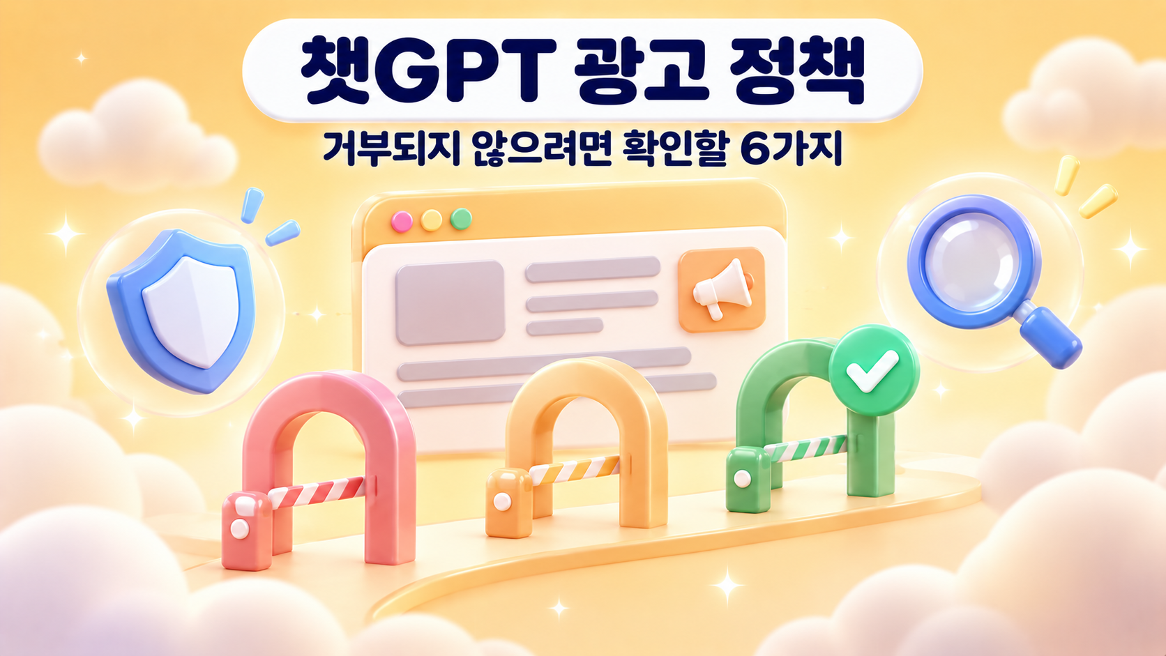 챗GPT 광고 정책 거부되지 않으려면 확인할 6가지를 세 개의 심사 관문과 광고 카드 방패 돋보기 아이콘으로 표현한 파스텔 머스터드 크림 3D 클레이 대표 이미지 원플랜마케팅 제작