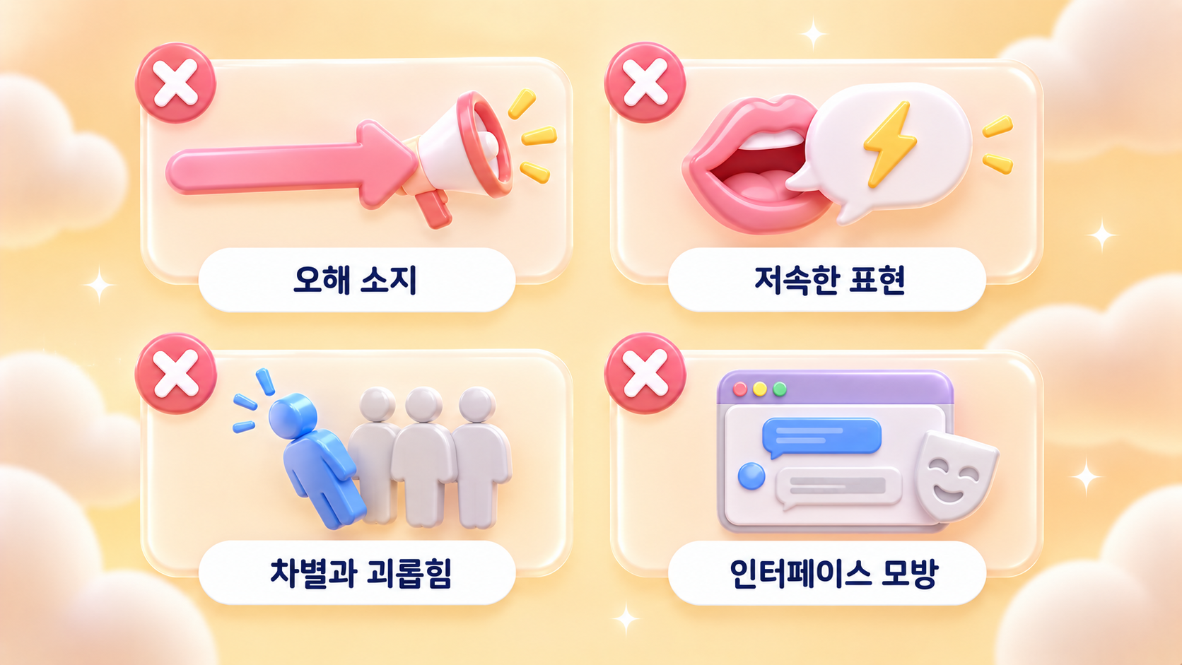 챗GPT 광고 정책의 기본 기준 네 가지인 오해 소지 표현 저속한 언어 차별적 내용 인터페이스 모방을 금지 배지 카드로 정리한 파스텔 머스터드 크림 3D 인포그래픽 원플랜마케팅