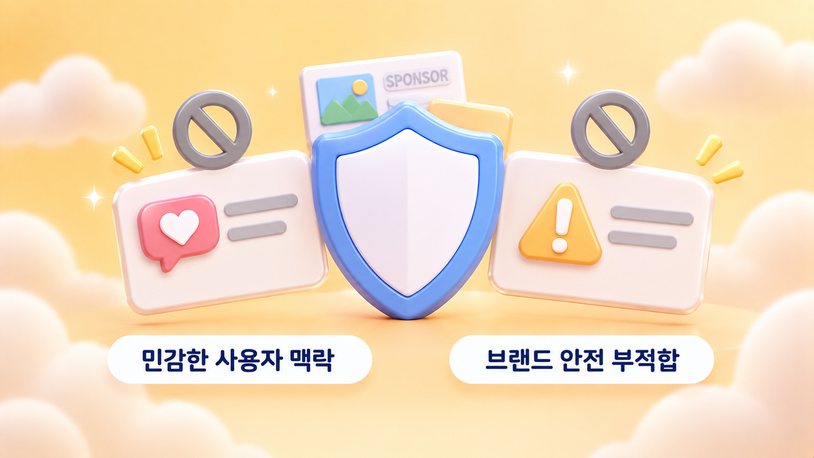 챗GPT 광고가 게재되지 않는 대화 맥락으로 민감한 사용자 상황과 브랜드 안전 부적합 주제를 차단 표시 카드로 구분해 담은 파스텔 머스터드 크림 3D 인포그래픽 원플랜마케팅 제작